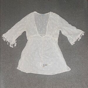 White Sheer Cover-Up with Tassels